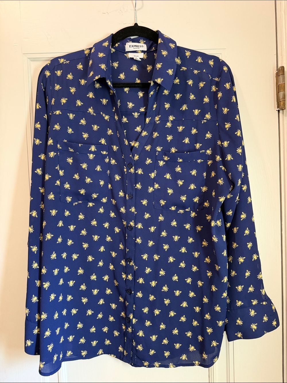 Express Blue Button-Down Shirt with Yellow Bee Print